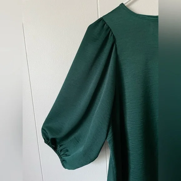 Dark Green Silky Style Look Puff Sleeve Blouse - Picture 4 of 7